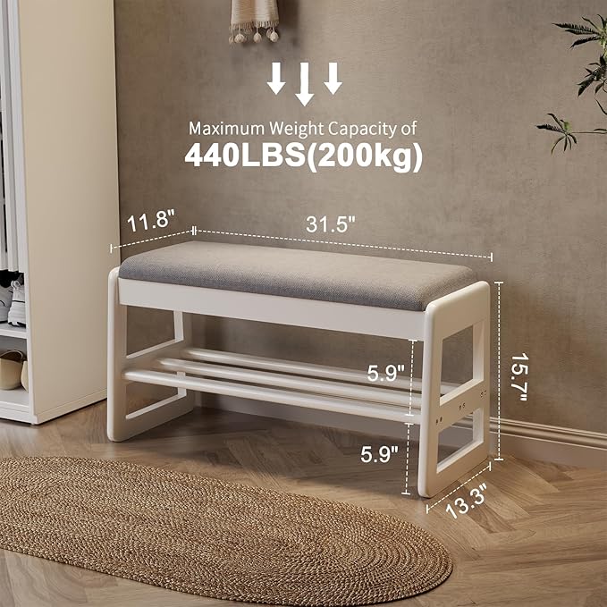 AQIMUELE Shoe Rack Bench,2 Tiers Shoe Bench with Storage with Flip-Top,Wood Shoe Rack for Entryway,Hallway（White Upholstered Seat,11.8" D x 31.5" W x 15.7" H）