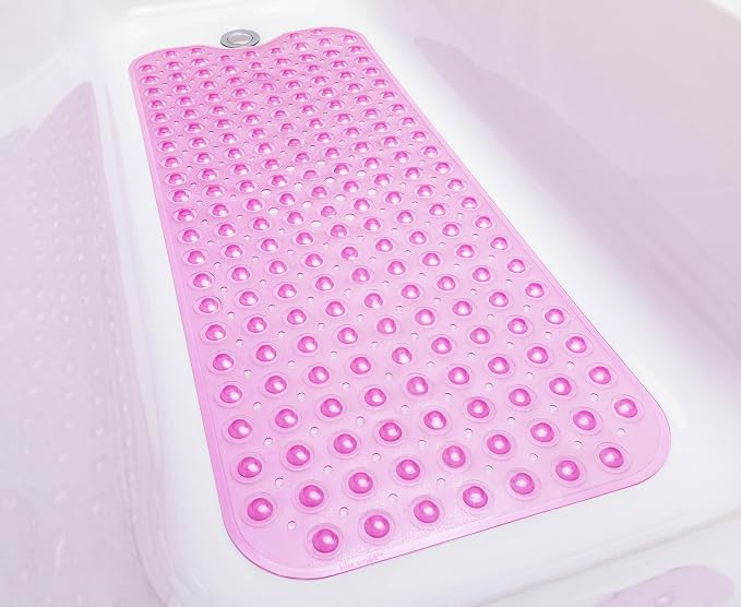 Extra-Long Non-Slip Bathtub & Shower Mat 39”x16” (Smooth/Non-Textured Tubs Only) Safe, Clean, Machine-Washable, Superior Grip&Drainage, Vinyl, Transparent Pink