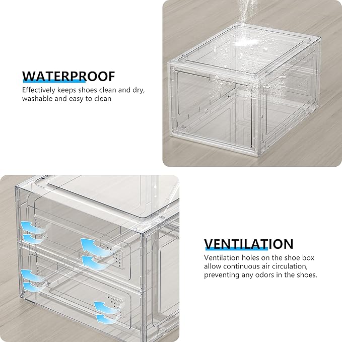 XX-Large Clear Shoe Storage Boxes with Magnetic Door, Thickened Stackable Shoe Organizer 12 Pack, Sneaker Display Case for Closet Organization & Entryway Storage, Dust-Proof Space Saving System, White