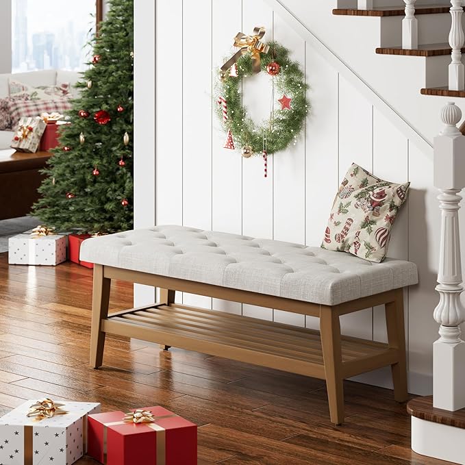 HUIMO Entryway Shoe Bench, End of Bed Bench,Upholstered Button-Tufted Bench for Kitchen, Fabric Ottoman Bench for Living Room, Padded Bench with Solid Wood Shelf Beige