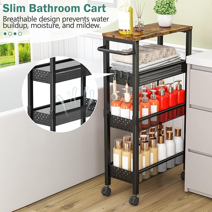 Vivihomety Utility Slim Storage Cart with Wheels, 4 Tier Small Rolling Cart with Wood Top, Metal Kitchen Bathroom Laundry Room Organization Trolley with Handle for Narrow Space – Black