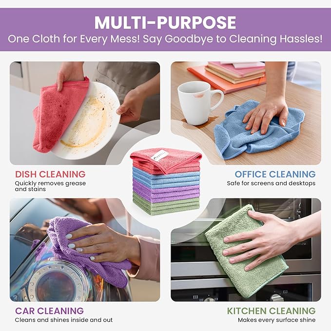 SIFANGKE Microfiber Cleaning Cloth, 52 Pack Assorted Color Cleaning Rags for Housekeeping, Colorful Reusable Microfiber Towels for Car, Kitchen, Bathroom and Household Cleaning Supplies, 11.8"X11.8"