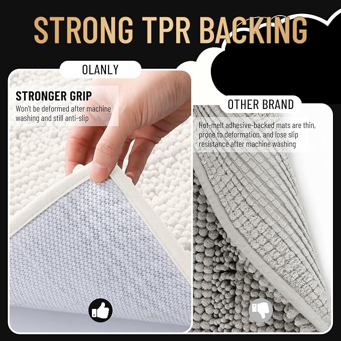OLANLY Thick Small Bathroom Rugs 24x16, Extra Soft Absorbent Chenille Striped Bath Rugs, Rubber Backing, Machine Wash, Bath Mats for Bathroom Floor, Tub and Shower, Home Decor Accessories, Ivory