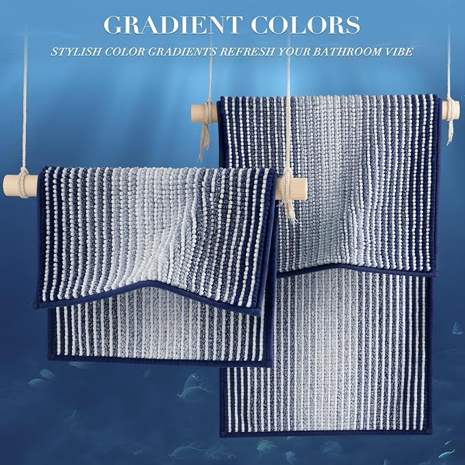 BSICPRO Bathroom Rugs and Mats Sets, 2 Piece Thick Absorbent Chenille Bath Mat Rug Set Non Slip, Soft Shaggy Bath Room Floor Mats for Bathroom, Machine Washable (Navy, 20" x 60" Plus 20" x 32")