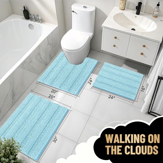 OLANLY Thick Bathroom Rugs 36x24, Extra Soft Absorbent Chenille Striped Bath Rugs, Rubber Backing, Machine Wash Dry, Bath Mats for Bathroom Floor, Tub and Shower, Home Decor Accessories, Sky Blue