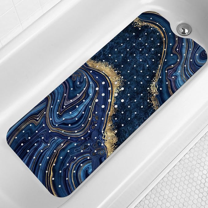 LNOND Marble Bath Tub Mat Non Slip, Extra Long 40 X 16 Inch Anti Slip Mat for Bathtub, Blue Luxury Marble Shower Mat with Drain Holes and Suction Cups, Machine Washable