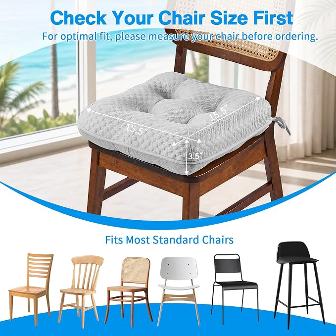 BETU Chair Cushions for Dining Chairs Set of 4,Seat Cushion Kitchen Table Chair Pads with Ties,Non Slip Backing and Covers, Seat Cushions for Dining Room,Bar,Patio Chairs,15.5"X15.5"X3.5",Gray