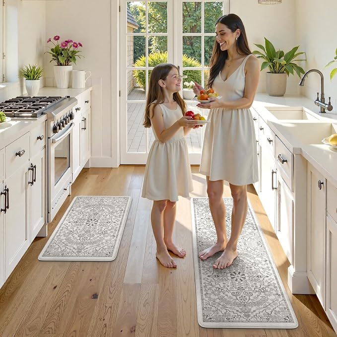 KIMODE Kitchen Mats Cushioned Anti Fatigue, Boho Vintage Grey Kitchen Rugs Sets of 2, Non-Slip Kitchen Mats for Floor, Padded Kitchen Floor Mat for Sink, Laundry, Office, Desk,17"x47"+17"x29"