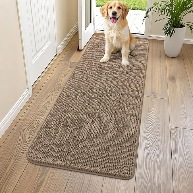 Smiry Dog Door Mat for Muddy Paws 59x24, Absorbent Dirt Trapper, Non-Slip Washable Chenille Entryway Rug for Inside Floor, Camel, Classic Solid