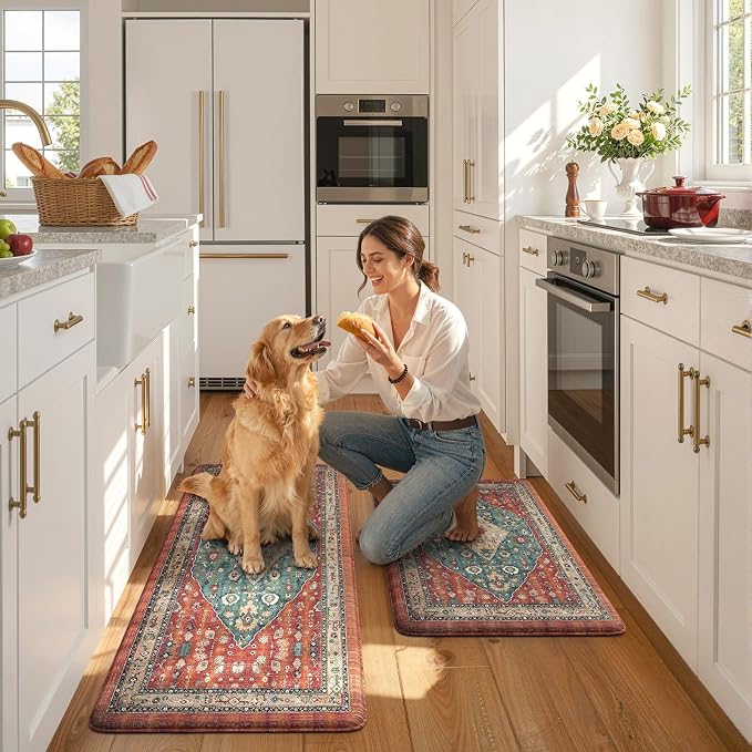 Collive Boho Kitchen Mats for Floor, Kitchen Mats Cushioned Anti Fatigue Waterproof Kitchen Rugs Sets of 2 Non-Skid Comfort Standing Mat for Kitchen, Office, Sink, Laundry, 20"x32"+20"x48"(Red)