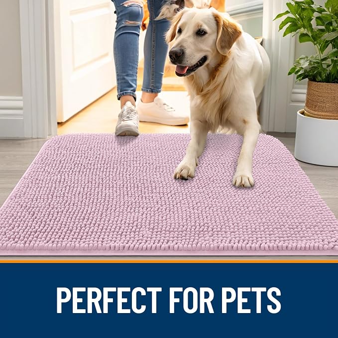 OLANLY Dog Door Mat for Muddy Paws 70x32, Absorbs Moisture and Dirt, Absorbent Non-Slip Washable Doormat, Quick Dry Chenille Mud Mat for Dogs, Entry Indoor Entryway Carpet for Inside Floor, Dusty Rose