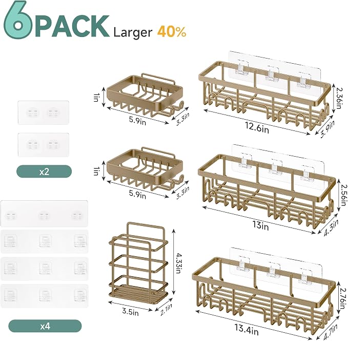 Veken Shower Caddy 6-Pack, No Drilling & Rustproof, Waterproof Adhesive Shelves Rack with Soap Holder, Large Capacity Bathroom Organizers and Storage, Wall-Mounted Kitchen & Home Decor, Matte Gold