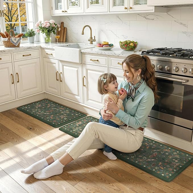 LEEVAN Anti Fatigue Mats for Kitchen Floor Non-Slip, Cushioned Kitchen Mats for Floor 17.3''x29''+17.3''x59'', Green Memory Foam Kitchen Mat Set