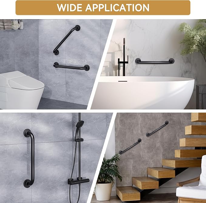 AmazerBath Shower Grab Bars for Seniors Anti Slip, Bath Safety Grab Bar for Needy, Stainless Steel Bathroom Safety Grab Bars, Thickened Bar Bigger Base Holds 500LBS, 12" L x 1" D, Black