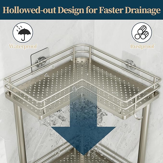 Consumest Corner Shower Caddy Standing - 4-Tier Stainless Steel Shower Organizer with Soap Holder and 4 Hooks, Large Capacity Corner Shelf Stand for Bathroom, Rest Room, Sand Nickel