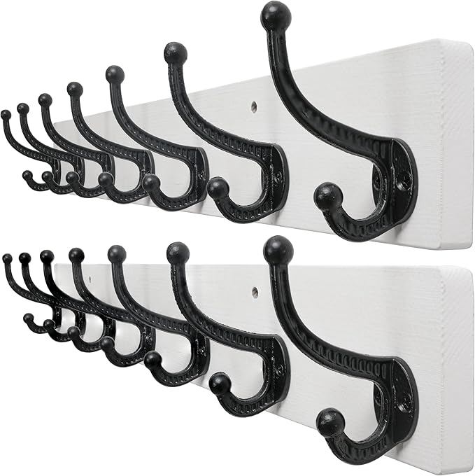 WEBI Rustic Coat Rack Wall Mount,30" Long 7 Cast Iron Coat Hooks Wall Mounted,Heavy Duty Wood Wall Coat Hanger Hooks for Hanging Coats,Jacket,Clothes,Backpack,Farmhouse,Black on White,2 Packs