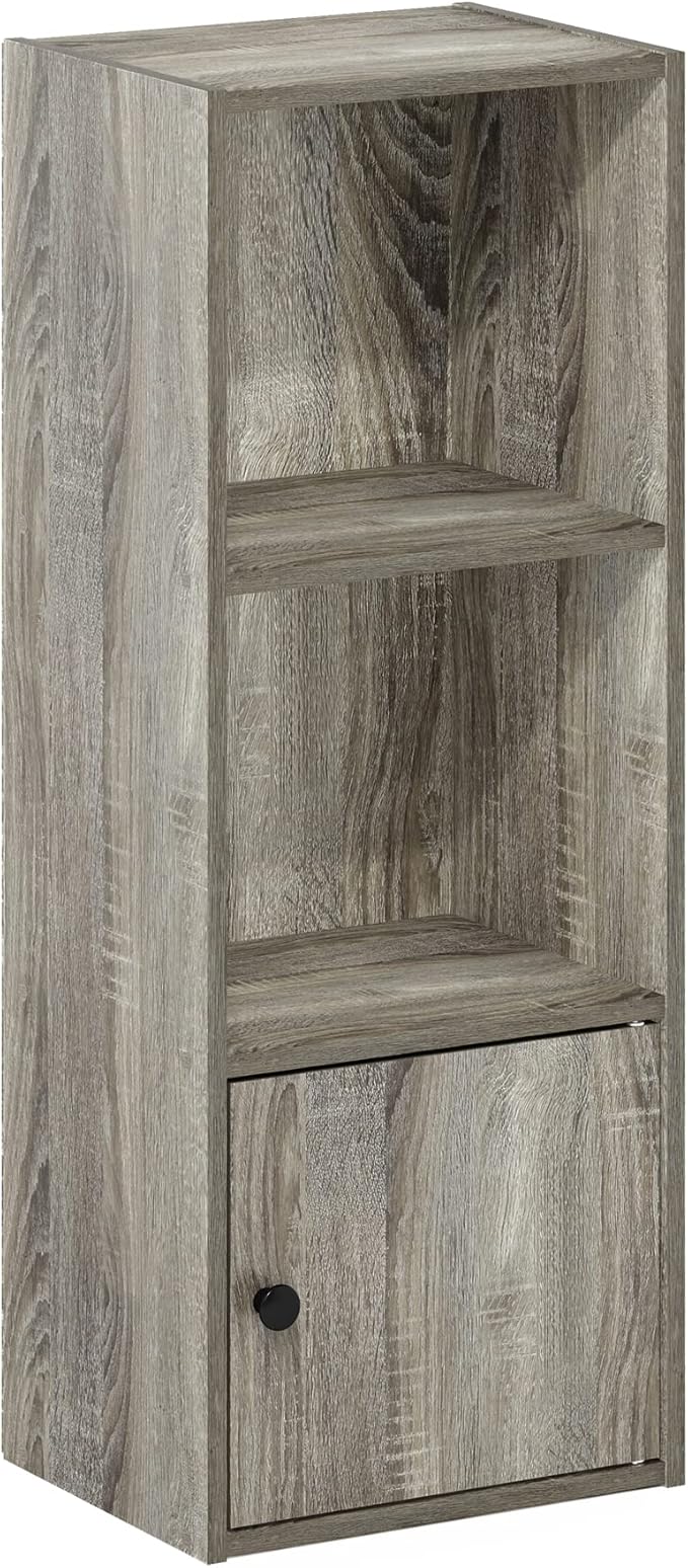 Furinno LUDER Book Shelf, 3-Tier Modern Bookshelf, Bookcase with 1 Door Storage Cabinet, 9.3 x 12 x 31.5, for Organization and Storage, for Living Room, Bedroom, Home Office, French Oak
