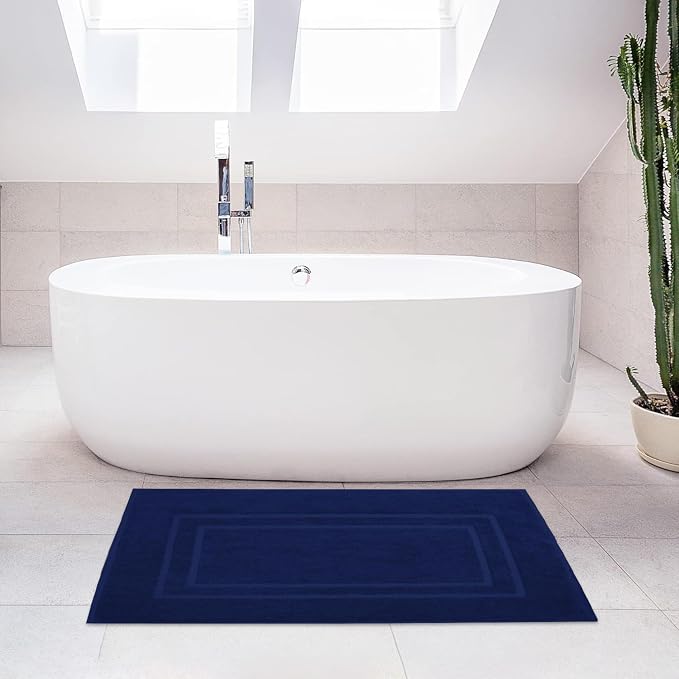 Feather & Stitch 2 Piece Towel Like Bath Mats (30x21 Inch) 100% Cotton Terry Bath Mats, Bathroom Shower Floor Mats [NOT A Bathroom Rug], Soft Absorbent Washable Mats - Navy Blue