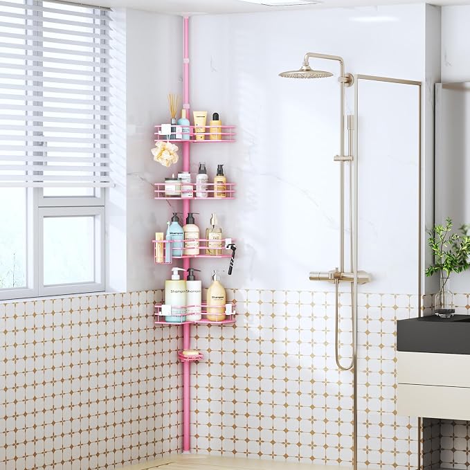 HapiRm Corner Shower Caddy Organizer - Shower Organizer Corner with Soap Holder, Toothbrush Holder and 4 Hooks, Rustproof Bathroom Shelf Tension Pole Available for 27.6 to 108.3 Inch - Pink