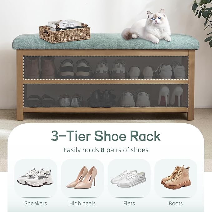 Zihanhome Shoe Rack Bench with Cushion, 2 Tier Solid Wood Storage Bench, Mid-Century Modern Shoe Bench for Entryway, Hallway, Closet, Front Door Entrance, Foyer (Teal, 39.4")