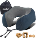 napfun Neck Pillow for Traveling, Upgraded Travel Neck Pillow for Airplane 100% Pure Memory Foam Travel Pillow for Flight Headrest Sleep, Portable Plane Accessories, Deep Blue