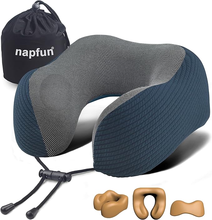 napfun Neck Pillow for Traveling, Upgraded Travel Neck Pillow for Airplane 100% Pure Memory Foam Travel Pillow for Flight Headrest Sleep, Portable Plane Accessories, Deep Blue