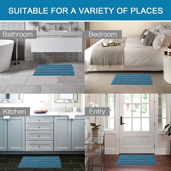 H.VERSAILTEX 2 Piece Bathroom Set - Super Absorbent Chenille Striped Bath Mats - Non Skid, Machine Washable - Turquoise Blue, 24 x 36 Plus 20 x 32 Inches