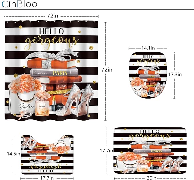 4Pcs Black and Orange Shower Curtain Set, Burnt Orange Fashion Flower Perfume High Heels Books Bathroom Curtain with Rug, Toilet Lid Cover, Bath Mat, Women Girl Shower Curtain with 12 Hooks