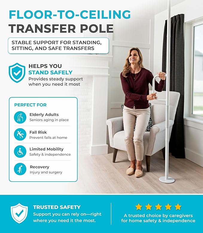 Stander Single Handle Non-Rotating Floor to Ceiling Grab Bar, No-Drill Tension Mounted Transfer Pole for Seniors, Bath Safety & Bedside Assist Rail for Home Standing Support & Fall Prevention, White