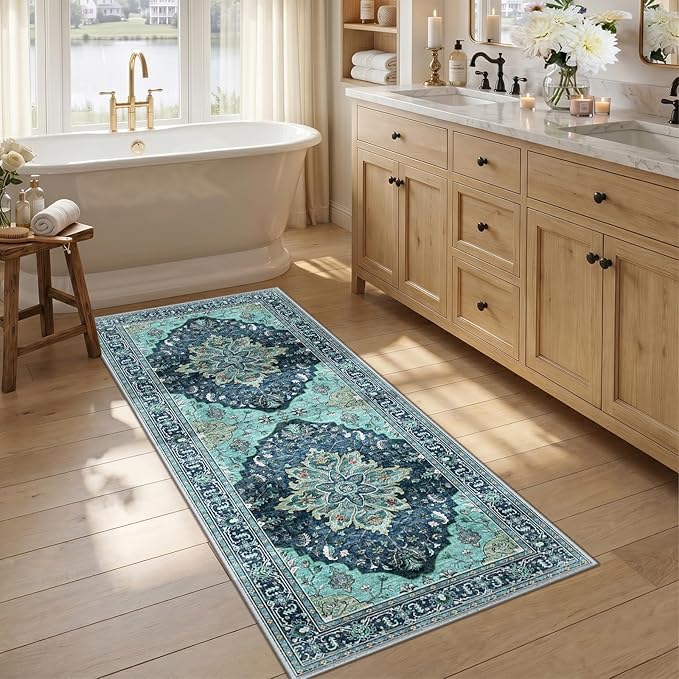 RELEANY Area Rugs Runner 2'6"x5' Washable Non-Slip, Floral Vintage Distress Medallion Carpet for Kitchen Hallway Bedroom Beside Laundry Room Bathroom, Teal Green Lake Blue Turquoise