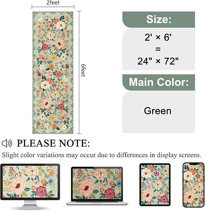 DUKINO 2x6 Kitchen Runner Rug for Hallway, Washable Runner Rug with Non Slip Backing, Low Pile Soft Boho Spring Floral Carpet for Kitchen, Hallway, Entryway, Laundry, Bedroom, Green