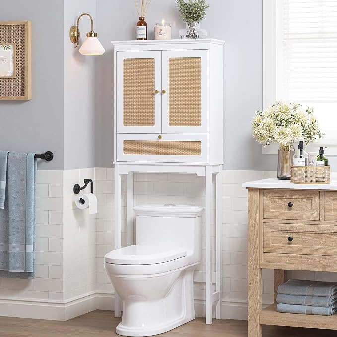 Spirich Over The Toilet Storage Cabinet with Rattan Doors, Over Toilet Bathroom Organizer with Tilt-Out Cube and Adjustable Shelf