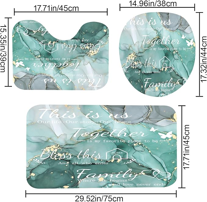 4Pcs Family Marble Shower Curtain Sets with Rugs,Green Home Inspirational Bathroom Decor Set, Bathroom Sets with Shower Curtain and Rugs, Waterproof Bathroom Shower Curtains, with 12 Hooks