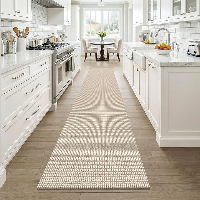 KOZYFLY Cotton 2x12 Runners Rugs for Hallway, Long Washable Runner Rug, Woven Non Slip Kitchen Runner, Braided Entryway Rug, Floor Carpet for Entry, Aisle, Hall, Ivory/Camel/Brown