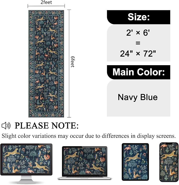 DUKINO 2x6 Rug for Hallway, Washable Kitchen Runner Rug with Non Slip Backing, Soft Low Pile Vintage Animal Runner for Bedroom, Kitchen, Hallway, Entryway, Laundry, Navy Blue