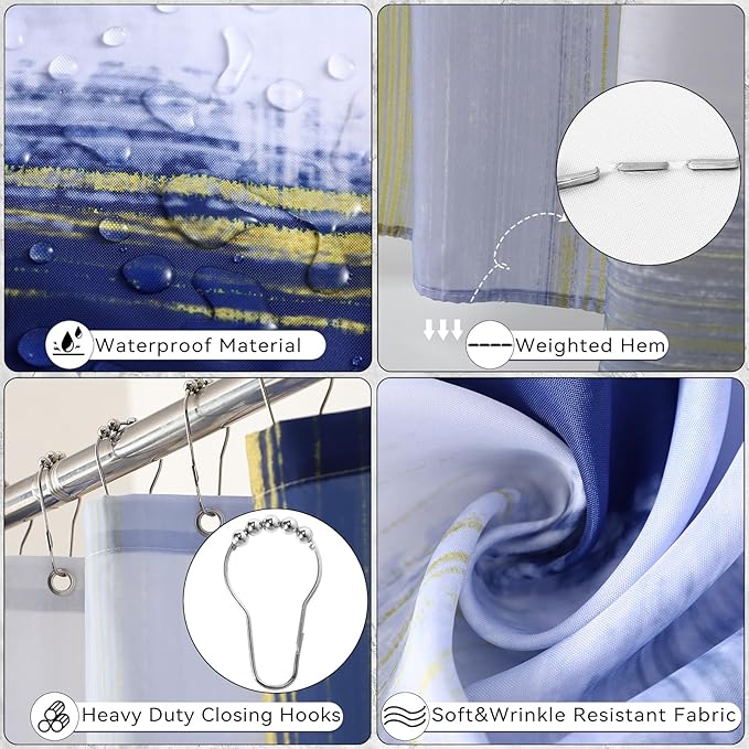 XLHOMO Bathroom Set - Navy Blue and Gold Bathroom Accessories Set, Bathroom Sets with Shower Curtain and Rugs, Blue Shower Curtain Set with Bathroom Trash Can, Soap Dispenser,Soap Dish for Home Decor