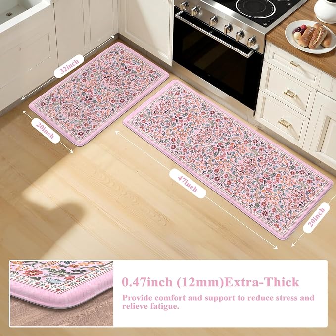 Collive Kitchen Mats Cushioned Anti Fatigue, Waterproof Kitchen Floor Mat Non Slip Desk Rugs Comfort Standing Rug for Sink, Office, Laundry, Home Decor, Pink
