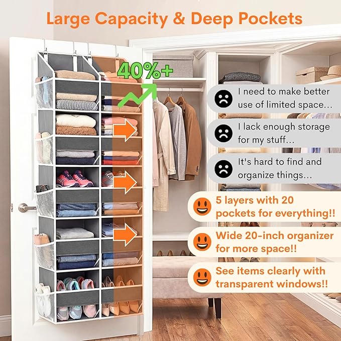 2 Pack Over the Door Organizer 5 Tiers, Extra Large Behind Door Storage of 10 Compartments, 80 lbs Weight Capacity Over Door Organizer, Door Hanging Organizer for Closet, Diaper Organizer,Room storage