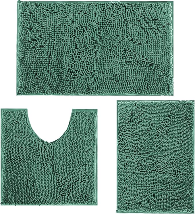 RUN HELIX Dark Green Bath Rugs Set 3 Piece Bathroom Rug Non-Slip Bath Mats, Absorbent Shaggy Rugs, Machine Wash, Perfect Plush Bathroom Mats