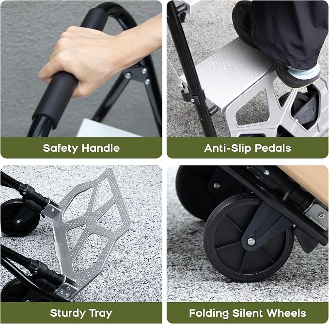 2-in-1 Hand Truck Step Ladder, Dolly Cart Step Stool, Multi-Functional Foldable Hand Trolley and Ladder for Warehouse Garage Office or Home Use (Black-Silver, 3 Step)