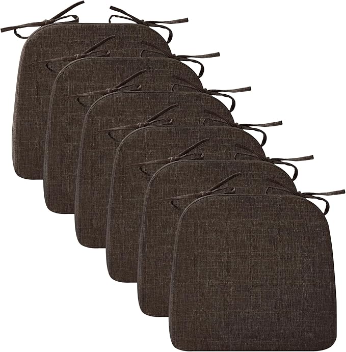 Ruqmuis Chair Cushions for Dining Chairs, 2" Thick Seat Cushions for Kitchen Chairs, D-Shaped Chair Pads with Washable Cover, Ties and Non Slip Backing, 17'' x 16'', Set of 6, Brown