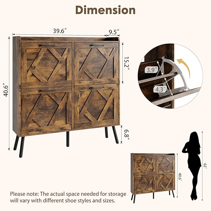 Nicetree Shoe Cabinet Storage for Entryway, Freestanding Shoe Storage Cabinet, Farmhouse Narrow Shoe Rack Cabinet for Entryway, Foyer, Hallway, Shoe Cabinet 4 Flip Drawers, Rustic Brown