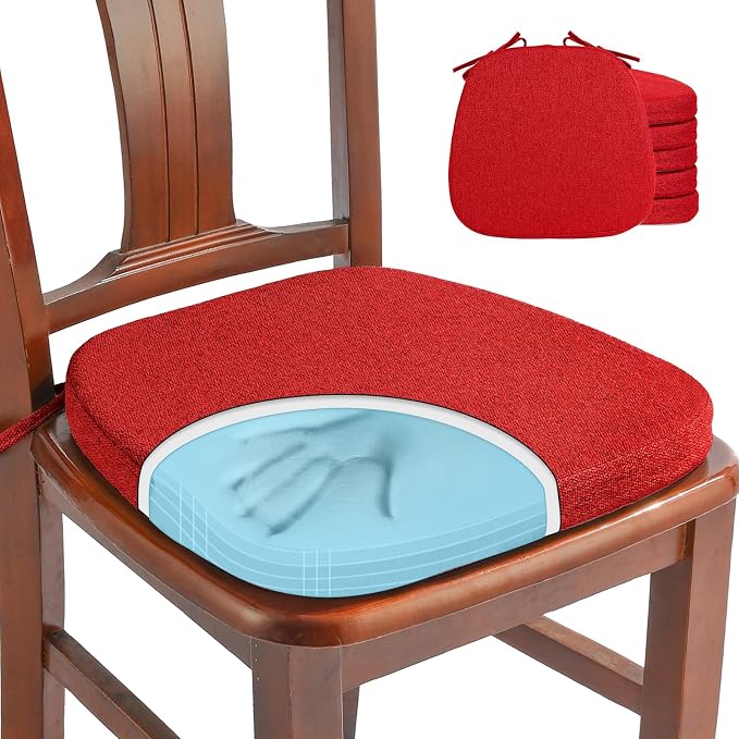 SINOSSO 6 Pack Memory Foam Chair Cushions for Dining Chairs, Friendly Woven Fabric 16" U-Shape Comfortable Kitchen Chair Pads, Removable Slip Resistant Seat Cushions (Set of 6, Red)