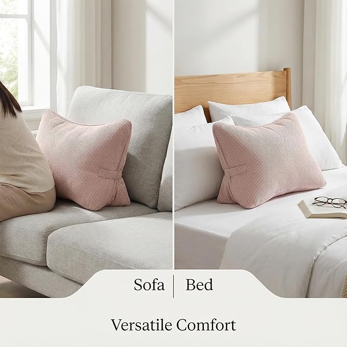 Pat. Pend. Corduroy Back Support Pillow for Sitting, Ideal for Expecting Moms, Low Back Cushion for Bed Sitting, Reading & Relaxing, Ergonomic Triangle Backrest, Washable Cover, Pink