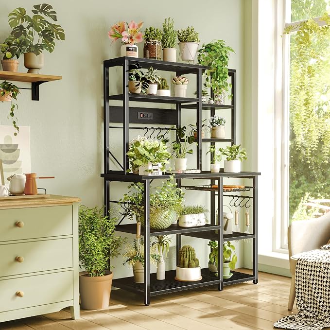 SUPERJARE Large Bakers Rack with Power Outlets, 6-Tier Microwave Stand, Coffee Bar with 12 S-Shaped Hooks, Kitchen Shelf with Wire Basket, 39.4 x 14.6 x 66.9 Inches, Black