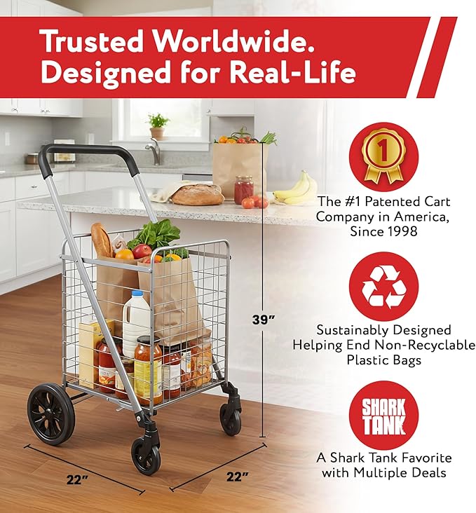 dbest Products Cruiser Cart Deluxe 2 - Foldable Shopping Cart with Wheels & Brake System - Heavy Duty Collapsible Utility Cart for Groceries & Laundry - Holds 100 lbs - Silver, Alloy Steel