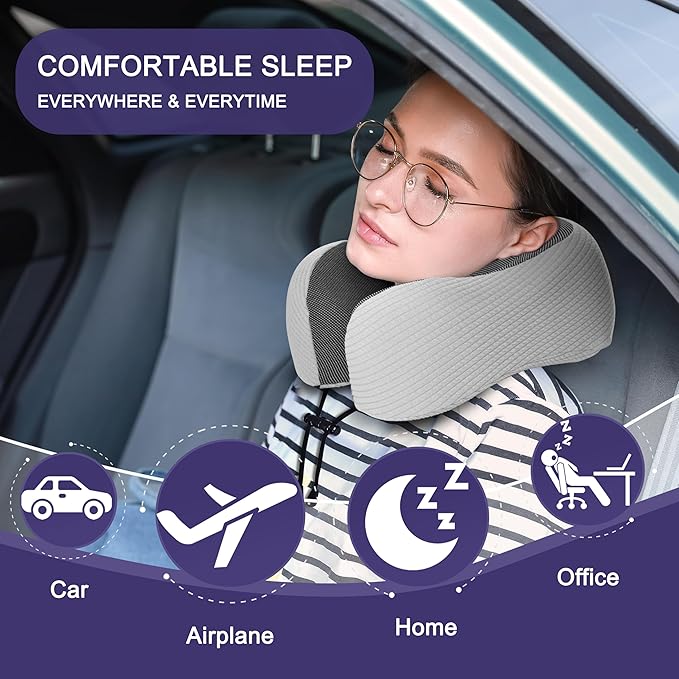napfun Neck Pillow for Traveling, Upgraded Travel Neck Pillow for Airplane 100% Pure Memory Foam Travel Pillow for Flight Headrest Sleep, Portable Plane Accessories, Mist Gray