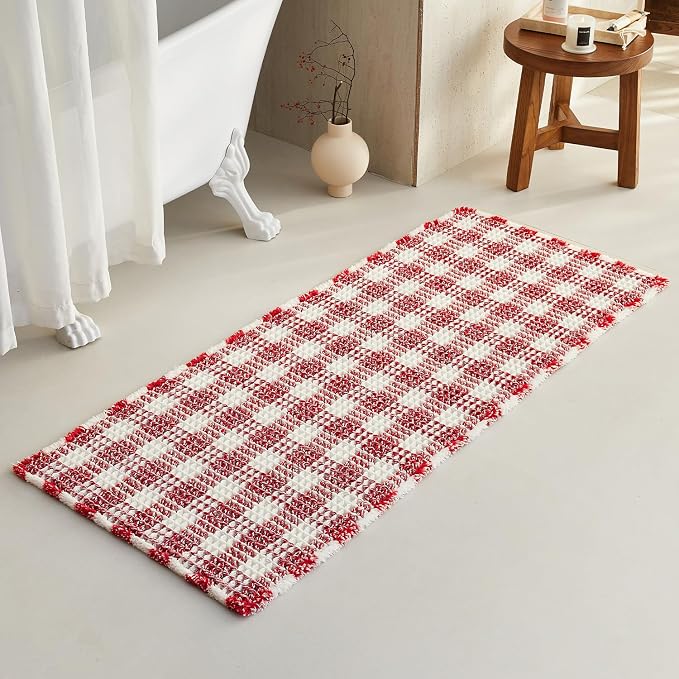 TYUU Waffle Runner Rug Bathroom, Long Boho Christmas Bathroom Rugs Non Slip Washable Absorbent Checkered Bathroom Mat Quick Dry Cute Bath Mat, 60"x24" Red and White