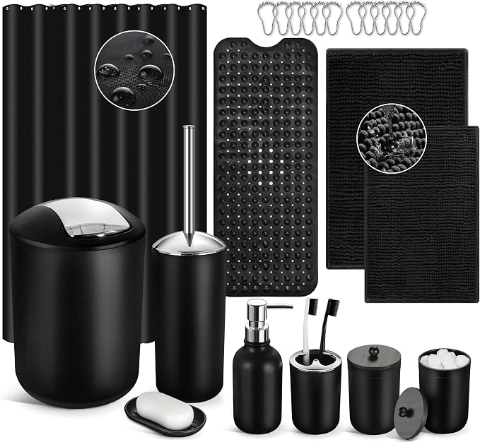 Black Bathroom Accessories Set, 23Pcs Bath Accessory Sets Complete with Bathtub Mat, Shower Curtain Set with Hooks, Soap Dispenser, Toothbrush Holder, Qtip Holder, Trash Can, Toilet Brush