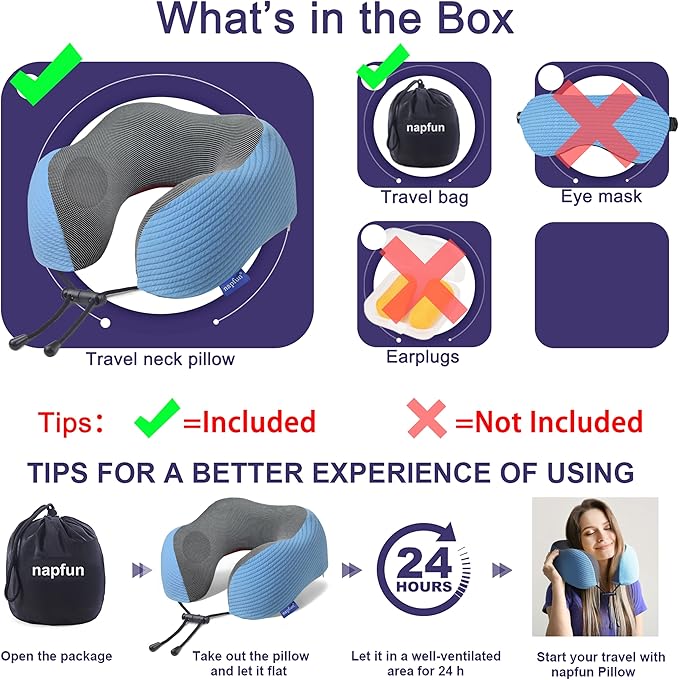 napfun Neck Pillow for Traveling, Upgraded Travel Neck Pillow for Airplane 100% Pure Memory Foam Travel Pillow for Flight Headrest Sleep, Portable Plane Accessories, Sky Blue
